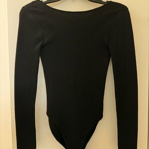 Zara Black Long Sleeve Scoop Neck Bodysuit with Open Back Rhinestone Detail